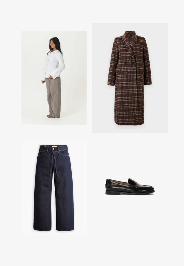 Langer brauner Karo-Doppelreiher-Mantel mit Reverskragen, schwarzen Knöpfen und Klappentaschen, vor einem weißen Hintergrund präsentiert.; Weißes Hemd mit langen Ärmeln und breiten Manschetten, kombiniert mit lockeren, hellbraunen Hosen. Glatte Stofftextur, keine sichtbaren Muster.; Weite, dunkelblaue Jeans aus Denim mit hoher Taille, ausgestattet mit einem Kordelzug, fünf Taschen und kontrastierenden Nähdetails.; Schwarzer Lederloafer mit runder Zehenpartie, schlupfendem Design und dezenten Nahtdetails entlang des Oberteils. Flache Gummisohle.