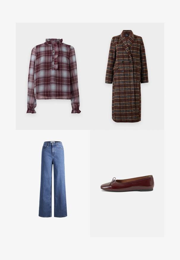 Dlhý hnedý károvaný kabát na dvojité zapínanie s klopovým golierom, čiernymi gombíkmi a vreckami s chlopňou, vystavený na bielom pozadí.; Blúzka s dlhým rukávom, v burgundskej a svetlo modrej kárované vzor, s riaseným vysokým golierom, prednou gombíkovou légou a riasenými manžetami.; Svetlomodré deninové nohavice s širokými nohavicami a vysokým pásom, dve predné vrecká a viditeľné švy. Obsahuje tiež uzatváranie na gombík a zips.; Burgundské lakované balerínky s okrúhlou špičkou, malou mašľou na prednej strane a nízkou čiernou gumovou podrážkou. Hladký povrch.
