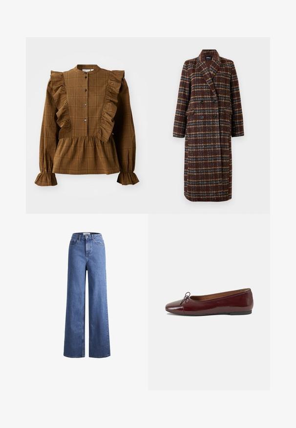 Gara divrindas brūna raibā mētelis ar atloku apkakli, melniem pogām un kabatām ar vāciņu, izstādīta pret baltu fona.; Brūnas kvadrātotu rakstu blūze ar ruffles detaļām pie pleciem un priekšpuses. Pilnas piedurknes un savilkta apakšdaļa rada teksturētu, slāņveida izskatu.; Gai zili džinsi ar platu kāju un augstu jostu, divas priekšējās kabatas un redzamu šuvju. Iekļauj pogas un rāvējslēdzēja aizdari.; Burgundijas laku ādas baleta kurpes ar noapaļotu purngalu, nelielu loku akcentu priekšā un zemu melnu gumijas zoli. Gluda tekstūra.