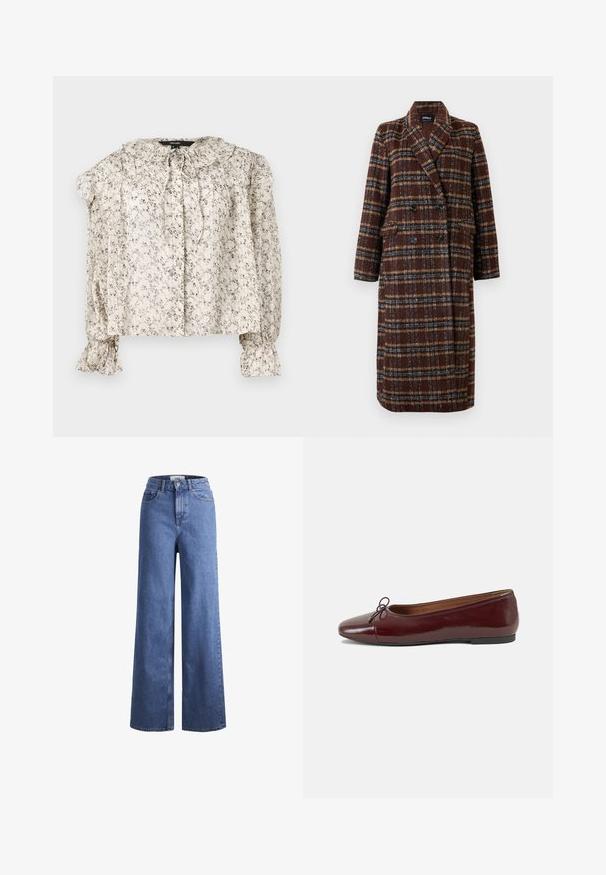 Ilgas dvigubas rudas langeliais paltas su apykakle, juodais mygtukais ir kišenėmis su atvartais, eksponuojamas ant balto fono.; Lengvas, kreminės spalvos bliusonas su mažomis gėlių detalėmis. Turi raukiniais dekoruotą apykaklę, užrišamą detalę ir surinktas rankoves su išplatintais rankogaliais. Penki mygtukai.; Šviesiai mėlynos džinsinės kelnės plačiu sijonu ir aukštu liemeniu, su dviem priekinių kišenių ir matomu siuvimu. Su mygtuko ir užtrauktuko uždarymu.; Bordo lakiotos odos baleto bateliai su apvalia nosimi, maža kaspinėlio akcentu priekyje ir žema juoda guma padanga. Lygi tekstūra.