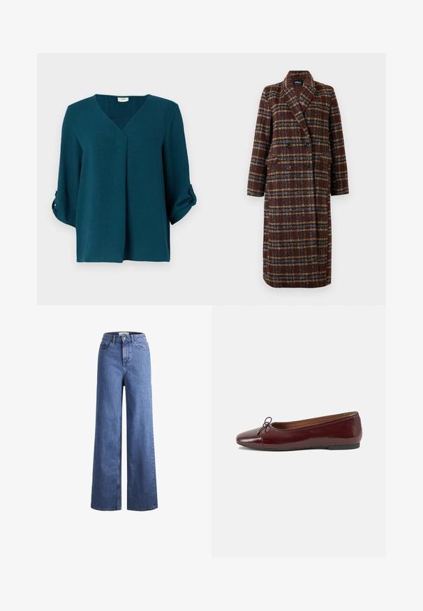 Hosszú, dupla soros barna kockás kabát, kapucnis gallérral, fekete gombokkal és hajtókás zsebekkel, fehér háttér előtt bemutatva.; Zöldeskék blúz V kivágással, háromnegyedes ujjal és gombos mandzsettával. Texturált anyagból készült, laza szabással és elülső pliszé részlettel.; Világoskék, széles szárú farmernadrág magas derékkal, két elülső zsebbel és látható varrással. Gombos és cipzáros záródás.; Burgundi lakkbőr balettcipő kerek orral, elöl kis masni díszítéssel és alacsony, fekete gumi talppal. Simára csiszolt felület.