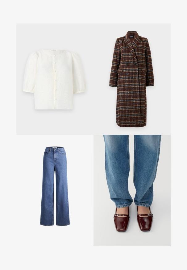 Pikk topeltkinnitatud pruuni ruudulise mustriga mantel, millel on krae, mustad nupud ja klapptaskud, esitatud valge tausta ees.; Valge pluus tekstuuriga kangast, ümar dekoltee ja lühikesed puffvarrukad. Omab eespool nupulukku väike ümmarguste nuppudega.; Heled sinise denimist laiad jalad, kõrgema talje ja kahe eesmise taskuga, nähtavate õmblustega. Omab nuppu ja luku sulgemist.; Burgundi patendi nahast kingad ruudu toe ja pahkluu rihmaga, koos helesiniste laia lõikega teksadega. Kingadel on läikiv viimistlus.