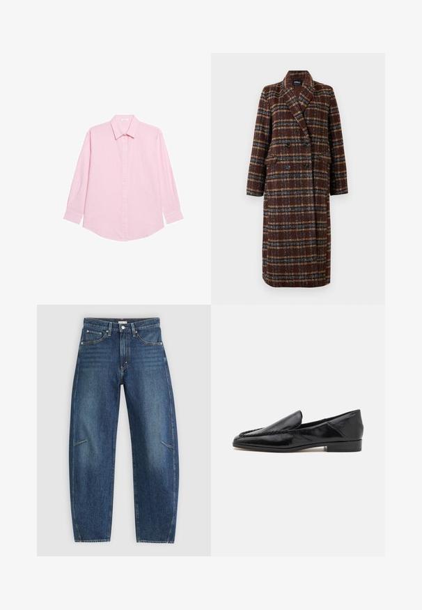 Palton lung, dublu-botonat, din material cu carouri maro, cu guler tip rever, nasturi negri și buzunare cu clapă, expus pe un fundal alb.; Yamamay Cămașă - rose plain; Jeans din denim albastru închis, cu design drept, având buzunare frontale, cusături în contrast și o textură ușor decolorată pe picioare.; Loaferi negri din piele cu un finisaj neted, având un design cusut pe marginea din față și un toc pătrat, jos.