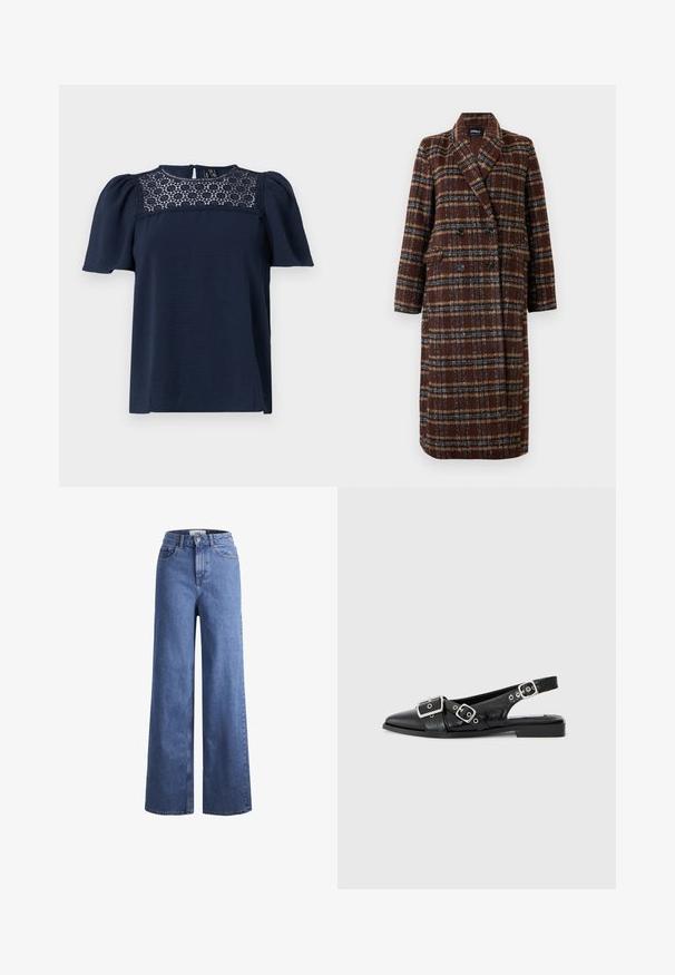 Casaco xadrez castanho de dupla face, com colarinho de lapela, botões pretos e bolsos de aba, exibido sobre um fundo branco.; T-shirt de manga curta azul marinho com um corpo texturizado e um painel de renda na gola. Fecho nas costas com botão, mangas ligeiramente bufantes.; Jeans de ganga azul claro, de perna larga e cintura alta, com dois bolsos frontais e costuras visíveis. Apresenta um fecho de botão e zíper.; Sapato slingback preto em couro com bico pontiagudo, duas fivelas prateadas e um salto baixo em bloco. Apresenta um cabedal texturizado e parte de trás aberta.