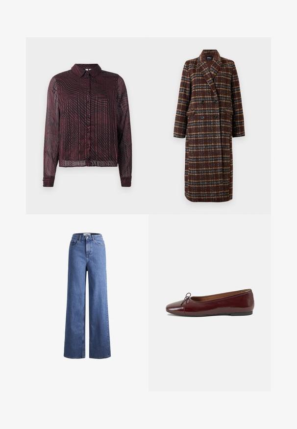 Long double-breasted brown plaid coat with lapel collar, black buttons, and flap pockets, displayed against a white background.; Maroon sheer button-up shirt with long sleeves, featuring a wavy striped pattern, collar, and single button cuffs.; Light blue denim wide-leg jeans with a high waist, two front pockets, and visible stitching. Features a button and zipper closure.; Burgundy patent leather ballet flat with a rounded toe, small bow accent at the front, and a low, black rubber sole. Smooth texture.