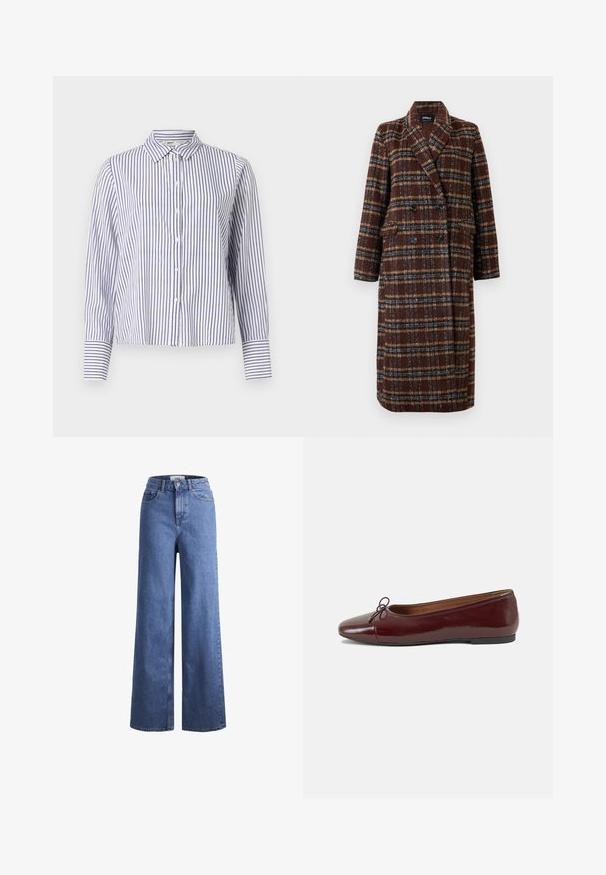 Cappotto lungo doppiopetto a quadri marrone con colletto a bavero, bottoni neri e tasche a soffietto, esposto su uno sfondo bianco.; Camicia a righe con colletto, caratterizzata da sottili righe verticali blu e bianche, maniche lunghe con dettagli sui polsini e un design accorciato.; Jeans ampia in denim azzurro chiaro con vita alta, due tasche anteriori e cuciture in vista. Presentano una chiusura con bottone e zip.; Ballerine in pelle verniciata bordeaux con punta arrotondata, piccolo fiocco decorativo sulla parte anteriore e suola bassa in gomma nera. Texture liscia.