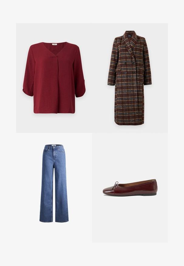 Pikk topeltkinnitatud pruuni ruudulise mustriga mantel, millel on krae, mustad nupud ja klapptaskud, esitatud valge tausta ees.; Burgundia, kolmeveerandi varrukatega pluus V-kaelusega ja esise pleatiga detailiga. Valmistatud kergest, tekstuuriga kangast, millel on lõdvem lõige.; Heled sinise denimist laiad jalad, kõrgema talje ja kahe eesmise taskuga, nähtavate õmblustega. Omab nuppu ja luku sulgemist.; Burgundi patendnahk kingad balletitüüpi, ümmarguse ninaosa, ees väike paelaaktsent ja madal must kummist tald. Sile tekstuur.