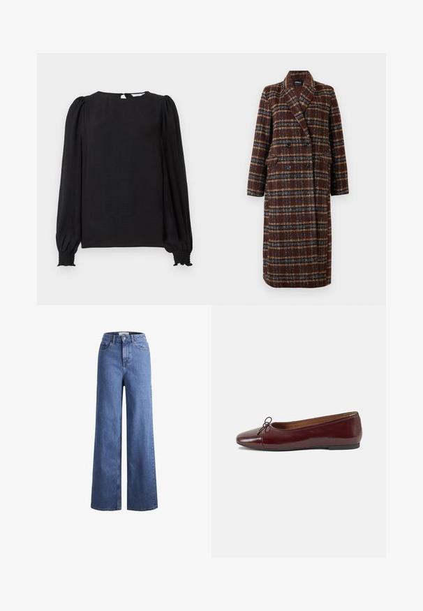 Casaco xadrez castanho de dupla face, com colarinho de lapela, botões pretos e bolsos de aba, exibido sobre um fundo branco.; Blusa preta com mangas longas e bufantes. Apresenta um decote arredondado, abertura em forma de gota nas costas e punhos franzidos para um ajuste perfeito. Textura suave.; Jeans de ganga azul claro, de perna larga e cintura alta, com dois bolsos frontais e costuras visíveis. Apresenta um fecho de botão e zíper.; Bailarinas em couro sintético borgonha com bico redondo, pequeno laço na frente e sola baixa em borracha preta. Textura suave.