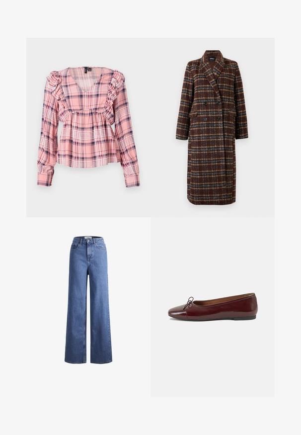 Hosszú, dupla soros barna kockás kabát, kapucnis gallérral, fekete gombokkal és hajtókás zsebekkel, fehér háttér előtt bemutatva.; Rózsaszín kockás, hosszú ujjú ing V-nyakú, fodros vállakkal és gumírozott derékkal. A mintázatában fehér és sötétkék kiegészítők találhatóak.; Világoskék, széles szárú farmernadrág magas derékkal, két elülső zsebbel és látható varrással. Gombos és cipzáros záródás.; Burgundi lakkbőr balettcipő kerek orral, elöl kis masni díszítéssel és alacsony, fekete gumi talppal. Simára csiszolt felület.