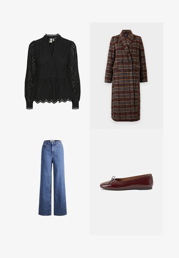 Cappotto lungo doppiopetto a quadri marrone con colletto a bavero, bottoni neri e tasche a soffietto, esposto su uno sfondo bianco.; Blusa nera con collo alto, maniche lunghe e intricati motivi a intaglio, con orlo a peplo e bordi scallop.; Jeans ampia in denim azzurro chiaro con vita alta, due tasche anteriori e cuciture in vista. Presentano una chiusura con bottone e zip.; Ballerine in pelle verniciata bordeaux con punta arrotondata, piccolo fiocco decorativo sulla parte anteriore e suola bassa in gomma nera. Texture liscia.