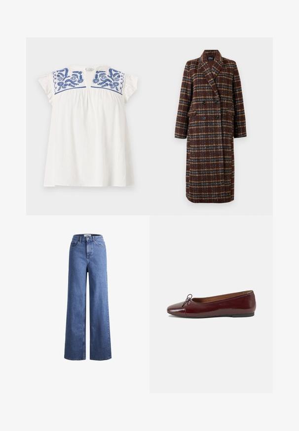 Dlouhý hnědý kostkovaný kabát na dvouřadé zapínání s klopovým límcem, černými knoflíky a kapsami s klopou, vystavený na bílém pozadí.; Bílý krátký rukáv top s modrou květinovou výšivkou na hrdle, s plisováním pro objem a měkkými volánovými rukávy. Lehká, neformální látka.; Svetle modré denimové široké kalhoty s vysokým pasem, dvěma předními kapsami a viditelným švem. Obsahují knoflíkový a zipový uzávěr.; Burgundské lakové baleríny s kulatou špičkou, malou mašlí vpředu a nízkou černou gumovou podrážkou. Hladký povrch.