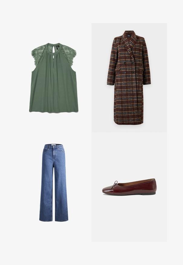 Ilgas dvigubas rudas langeliais paltas su apykakle, juodais mygtukais ir kišenėmis su atvartais, eksponuojamas ant balto fono.; Žalia bluzonė su nėrinių pečių akcentais, rakto skylutės kaklu ir švelnia medžiaga. Turi laisvą kirpimą ir užsegimą nugarinėje dalyje su mygtuku.; Šviesiai mėlynos džinsinės kelnės plačiu sijonu ir aukštu liemeniu, su dviem priekinių kišenių ir matomu siuvimu. Su mygtuko ir užtrauktuko uždarymu.; Bordo lakiotos odos baleto bateliai su apvalia nosimi, maža kaspinėlio akcentu priekyje ir žema juoda guma padanga. Lygi tekstūra.