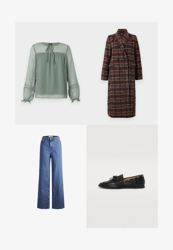 Hosszú, dupla soros barna kockás kabát, kapucnis gallérral, fekete gombokkal és hajtókás zsebekkel, fehér háttér előtt bemutatva.; Áttetsző zöld blúz pöttyös mintával, kerek nyakkivágás, elöl kötős részlet, és rugalmas mandzsetták díszítő elemekkel.; Világoskék, széles szárú farmernadrág magas derékkal, két elülső zsebbel és látható varrással. Gombos és cipzáros záródás.; Fekete bőr lófarok cipők, megkötött masnival, arany szemcsés díszítéssel az oldalán és lapos gumitalppal. Simaság, klasszikus dizájn.