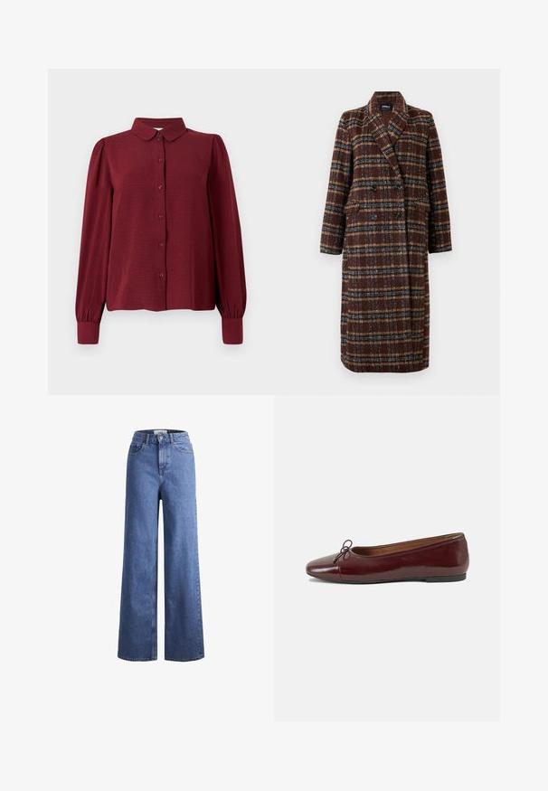 Pikk topeltkinnitatud pruuni ruudulise mustriga mantel, millel on krae, mustad nupud ja klapptaskud, esitatud valge tausta ees.; Burgundia pluus, millel on kaelus, nööpidega ees ja pikad puffvarrukad. Valmistatud tekstureeritud kangast, millel on sobituvad mansetid.; Heled sinise denimist laiad jalad, kõrgema talje ja kahe eesmise taskuga, nähtavate õmblustega. Omab nuppu ja luku sulgemist.; Burgundi patendnahk kingad balletitüüpi, ümmarguse ninaosa, ees väike paelaaktsent ja madal must kummist tald. Sile tekstuur.