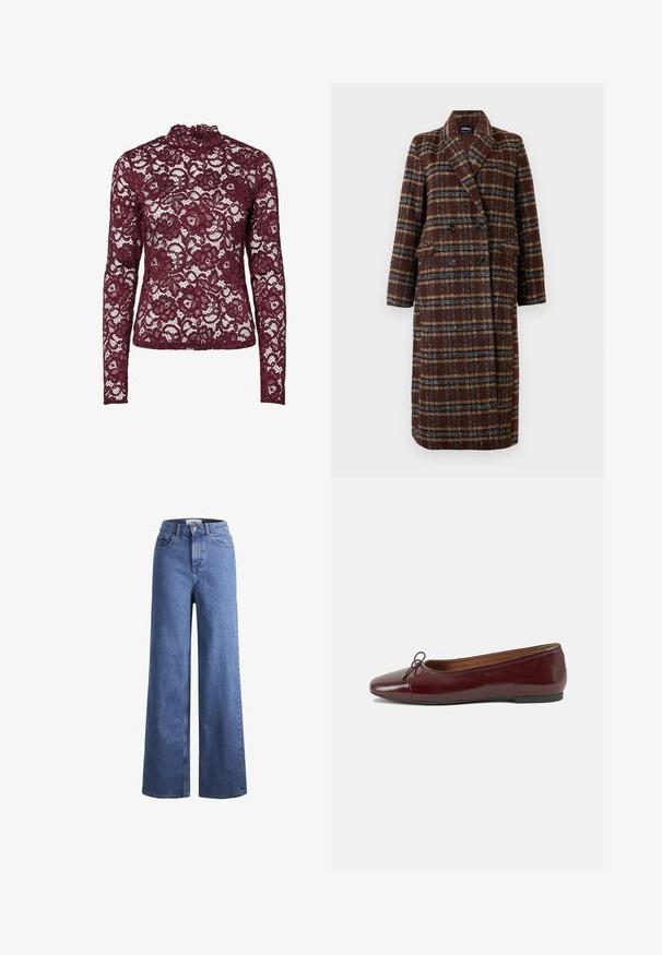 Long double-breasted brown plaid coat with lapel collar, black buttons, and flap pockets, displayed against a white background.; Burgundy lace long-sleeve top with high neck, featuring floral patterns and a sheer, textured finish throughout.; Light blue denim wide-leg jeans with a high waist, two front pockets, and visible stitching. Features a button and zipper closure.; Burgundy patent leather ballet flat with a rounded toe, small bow accent at the front, and a low, black rubber sole. Smooth texture.