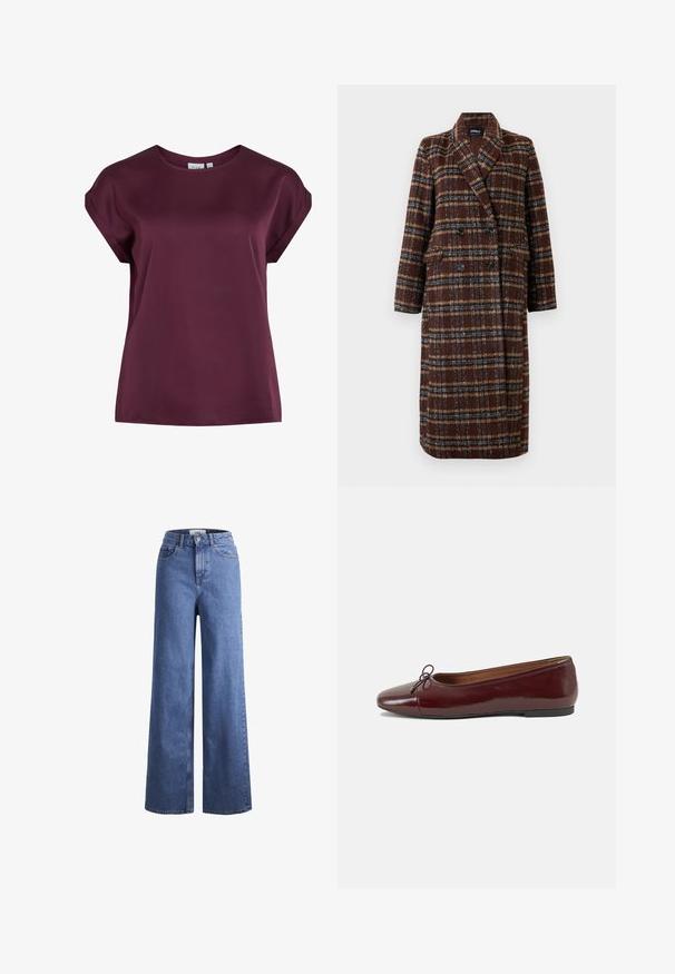 Cappotto lungo doppiopetto a quadri marrone con colletto a bavero, bottoni neri e tasche a soffietto, esposto su uno sfondo bianco.; Top bordeaux a maniche corte con scollatura rotonda, realizzato in tessuto morbido e leggero, caratterizzato da una vestibilità ampia e un design semplice.; Jeans ampia in denim azzurro chiaro con vita alta, due tasche anteriori e cuciture in vista. Presentano una chiusura con bottone e zip.; Ballerine in pelle verniciata bordeaux con punta arrotondata, piccolo fiocco decorativo sulla parte anteriore e suola bassa in gomma nera. Texture liscia.
