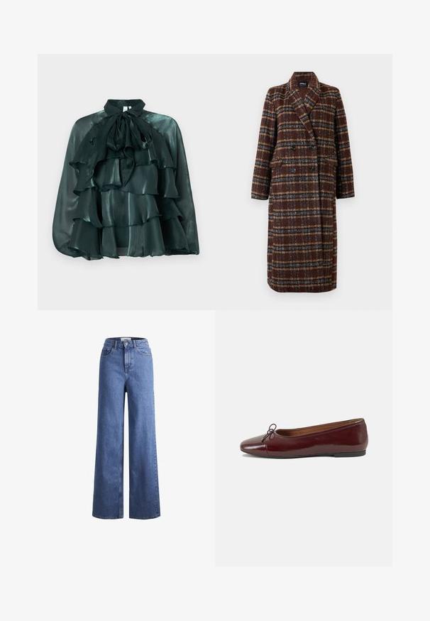 Long double-breasted brown plaid coat with lapel collar, black buttons, and flap pockets, displayed against a white background.; Dark green, satin blouse with a high collar and large bow tie, featuring multiple ruffled layers across the front. Smooth texture and glossy finish.; Light blue denim wide-leg jeans with a high waist, two front pockets, and visible stitching. Features a button and zipper closure.; Burgundy patent leather ballet flat with a rounded toe, small bow accent at the front, and a low, black rubber sole. Smooth texture.
