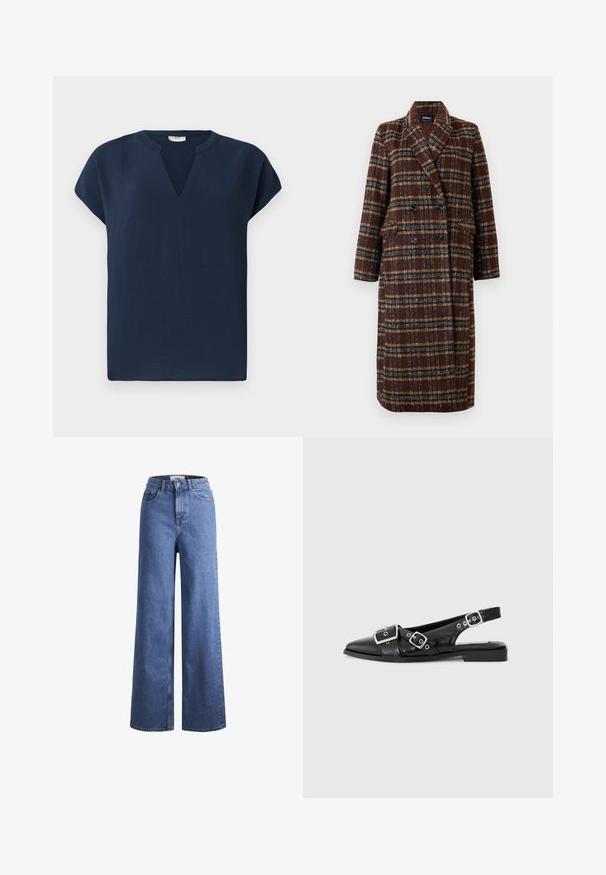 Langer brauner Karo-Doppelreiher-Mantel mit Reverskragen, schwarzen Knöpfen und Klappentaschen, vor einem weißen Hintergrund präsentiert.; Navyblaues, kurzärmeliges Oberteil mit V-Ausschnitt, aus einem leichten Stoff gefertigt. Verfügt über einen lockeren Schnitt und einen subtilen Fall.; Helleblaue Denim-Weite-Leg-Jeans mit hoher Taille, zwei vorderen Taschen und sichtbarer Naht. Mit Knopf- und Reißverschluss.; Schwarzer Leder-Slingback-Schuh mit spitzer Zehe, zwei silbernen Schnallen und einem niedrigen Blockabsatz. Mit strukturiertem Obermaterial und offener Ferse.