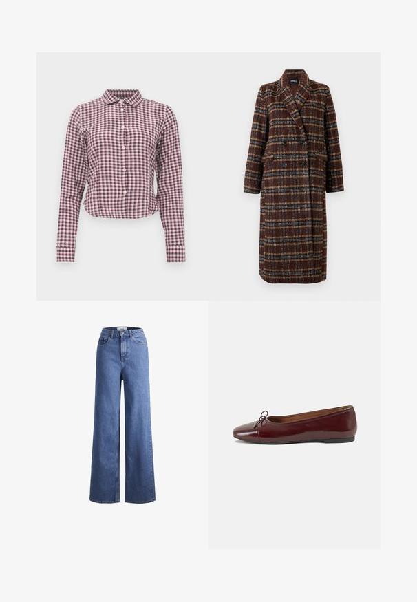 Langer brauner Karo-Doppelreiher-Mantel mit Reverskragen, schwarzen Knöpfen und Klappentaschen, vor einem weißen Hintergrund präsentiert.; Langärmliges Hemd mit Knopfleiste im rosa-lila karierten Muster. Mit Kragen, abgerundetem Saum und weicher Stofftextur.; Helleblaue Denim-Weite-Leg-Jeans mit hoher Taille, zwei vorderen Taschen und sichtbarer Naht. Mit Knopf- und Reißverschluss.; Burgunderfarbenes, lackiertes Ballettschuh mit abgerundetem Zehenbereich, kleiner Schleifenakzent vorne und einer niedrigen, schwarzen Gummisohle. Glatte Textur.