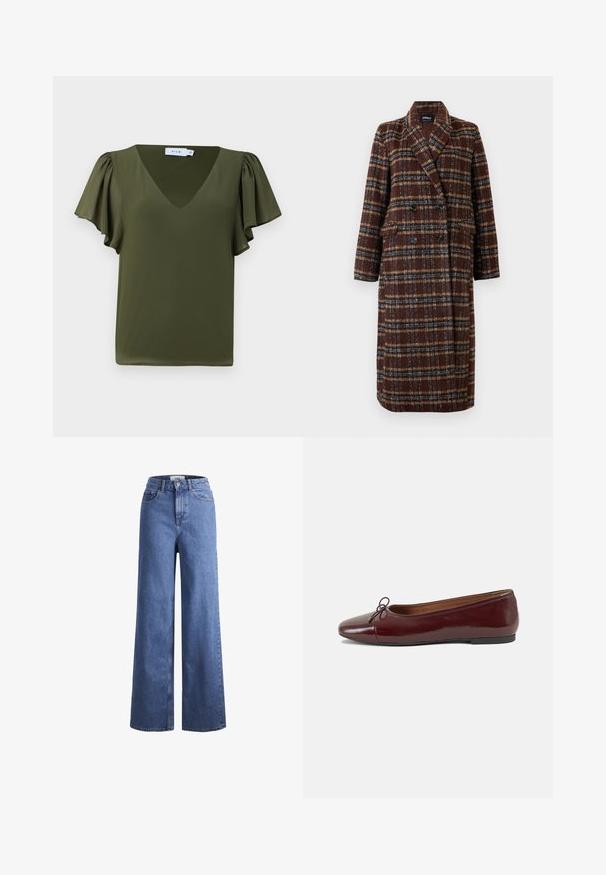 Manteau long en plaid marron à double boutonnage avec col à revers, boutons noirs et poches à rabat, présenté sur un fond blanc.; Haut vert olive à manches courtes avec un col en V, doté de manches douces et froncées et d'un tissu léger et lisse. Aucune motif ou accent visible.; Jean large en denim bleu clair avec taille haute, deux poches avant et coutures visibles. Fermeture à bouton et à zip.; Ballerines en cuir verni bordeaux avec un bout rond, un petit nœud décoratif à l'avant et une semelle en caoutchouc noire basse. Texture lisse.