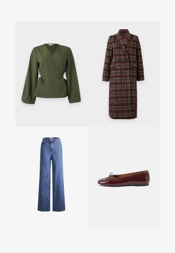 Cappotto lungo doppiopetto a quadri marrone con colletto a bavero, bottoni neri e tasche a soffietto, esposto su uno sfondo bianco.; Blusa avvolgente verde oliva con maniche lunghe e un fiocco laterale in vita, presentata su uno sfondo bianco semplice.; Jeans ampia in denim azzurro chiaro con vita alta, due tasche anteriori e cuciture in vista. Presentano una chiusura con bottone e zip.; Ballerine in pelle verniciata bordeaux con punta arrotondata, piccolo fiocco decorativo sulla parte anteriore e suola bassa in gomma nera. Texture liscia.