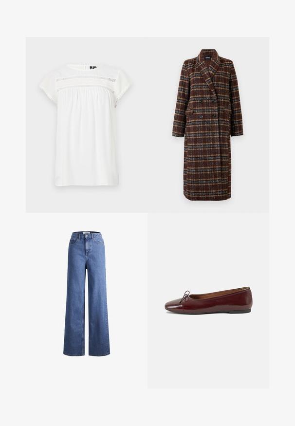 Langer brauner Karo-Doppelreiher-Mantel mit Reverskragen, schwarzen Knöpfen und Klappentaschen, vor einem weißen Hintergrund präsentiert.; Weiße Kurzarmbluse mit Rundhalsausschnitt, Raffung und dekorativen Spitzen auf der Vorderseite sowie einem gewellten Saum.; Helleblaue Denim-Weite-Leg-Jeans mit hoher Taille, zwei vorderen Taschen und sichtbarer Naht. Mit Knopf- und Reißverschluss.; Burgunderfarbenes, lackiertes Ballettschuh mit abgerundetem Zehenbereich, kleiner Schleifenakzent vorne und einer niedrigen, schwarzen Gummisohle. Glatte Textur.