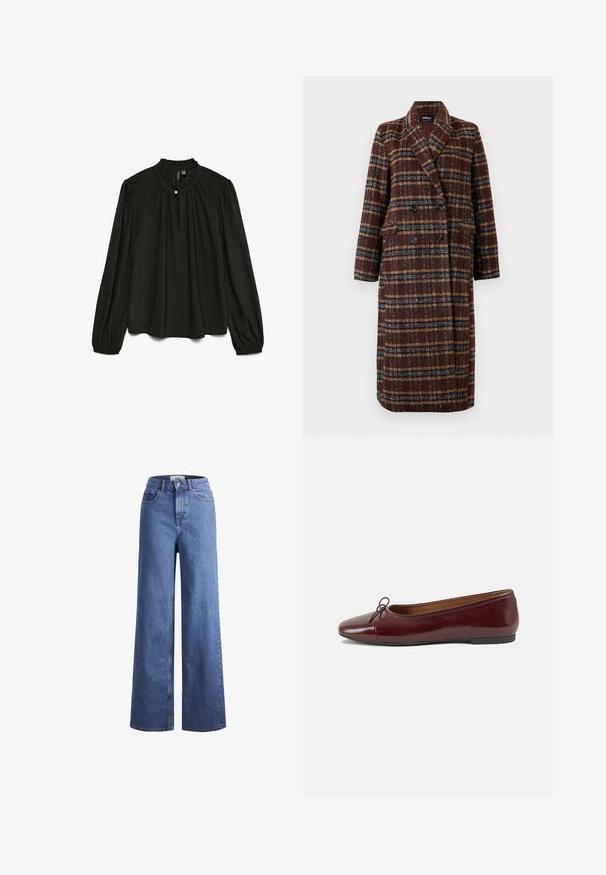 Hosszú, dupla soros barna kockás kabát, kapucnis gallérral, fekete gombokkal és hajtókás zsebekkel, fehér háttér előtt bemutatva.; Fekete, hosszú ujjú blúz, összehúzott kerek nyakkal, finom gombdísszel és légies fazonnal, könnyű anyagból készült.; Világoskék, széles szárú farmernadrág magas derékkal, két elülső zsebbel és látható varrással. Gombos és cipzáros záródás.; Burgundi lakkbőr balettcipő kerek orral, elöl kis masni díszítéssel és alacsony, fekete gumi talppal. Simára csiszolt felület.