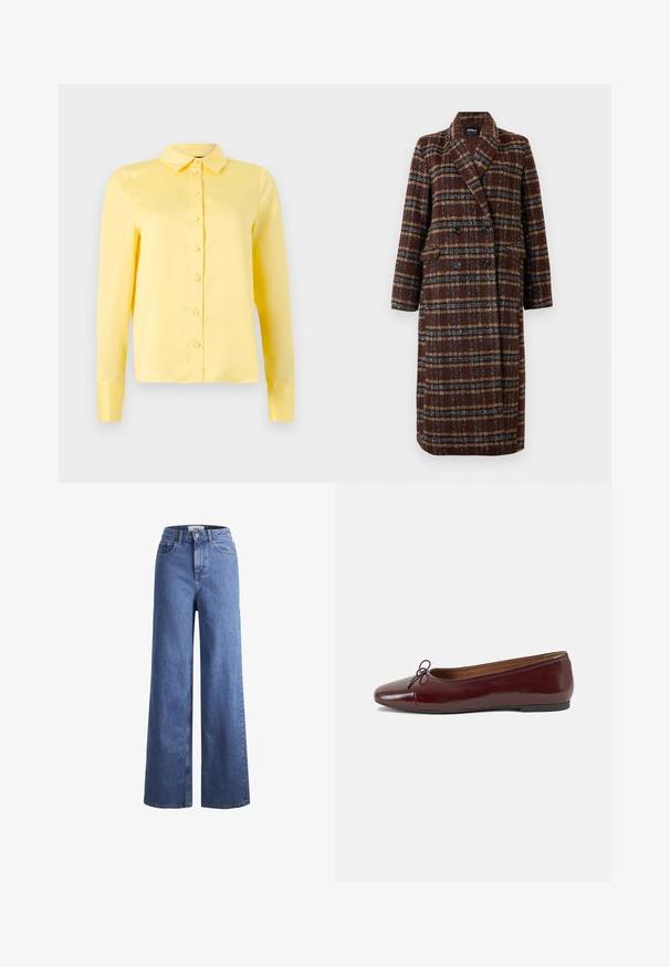 Manteau long en plaid marron à double boutonnage avec col à revers, boutons noirs et poches à rabat, présenté sur un fond blanc.; Blouse jaune à manches longues avec col, fermeture à boutons sur le devant et texture lisse. Design simple sans motifs ni accents.; Jean large en denim bleu clair avec taille haute, deux poches avant et coutures visibles. Fermeture à bouton et à zip.; Ballerines en cuir verni bordeaux avec un bout rond, un petit nœud décoratif à l'avant et une semelle en caoutchouc noire basse. Texture lisse.