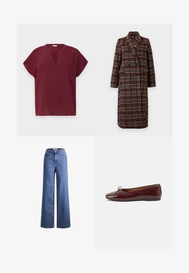Dlouhý hnědý kostkovaný kabát na dvouřadé zapínání s klopovým límcem, černými knoflíky a kapsami s klopou, vystavený na bílém pozadí.; Burgundské tričko s krátkým rukávem a výstřihem do V, vyrobené z texturované tkaniny. Má volný střih a čistý lem.; Svetle modré denimové široké kalhoty s vysokým pasem, dvěma předními kapsami a viditelným švem. Obsahují knoflíkový a zipový uzávěr.; Burgundské lakové baleríny s kulatou špičkou, malou mašlí vpředu a nízkou černou gumovou podrážkou. Hladký povrch.