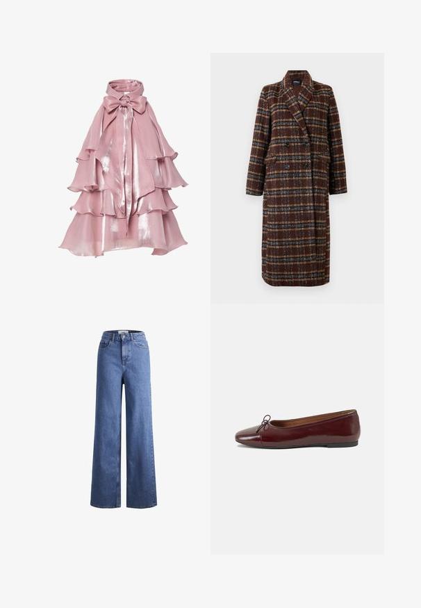 Długi brązowy płaszcz w kratę z podwójnym zapięciem, z klapami, czarnymi guzikami i kieszeniami z klapami, wyeksponowany na białym tle.; Warstwowa różowa suknia o błyszczącym wykończeniu, z falbankami i wysokim kołnierzem, ozdobiona dużą kokardą przy szyi.; Jasnoniebieskie dżinsy o szerokich nogawkach i wysokim stanie, z dwoma przednimi kieszeniami i widocznym przeszyciem. Posiadają zamek błyskawiczny i zapięcie na guzik.; Bordowe baleriny z lakierowanej skóry z zaokrąglonym noskiem, małą kokardką z przodu oraz niską, czarną gumową podeszwą. Gładka tekstura.