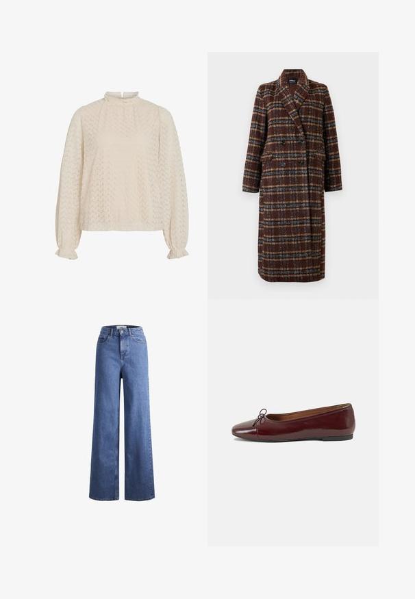 Long double-breasted brown plaid coat with lapel collar, black buttons, and flap pockets, displayed against a white background.; Cream-colored blouse with a high neck, textured zigzag pattern, and balloon sleeves featuring gathered cuffs.; Light blue denim wide-leg jeans with a high waist, two front pockets, and visible stitching. Features a button and zipper closure.; Burgundy patent leather ballet flat with a rounded toe, small bow accent at the front, and a low, black rubber sole. Smooth texture.