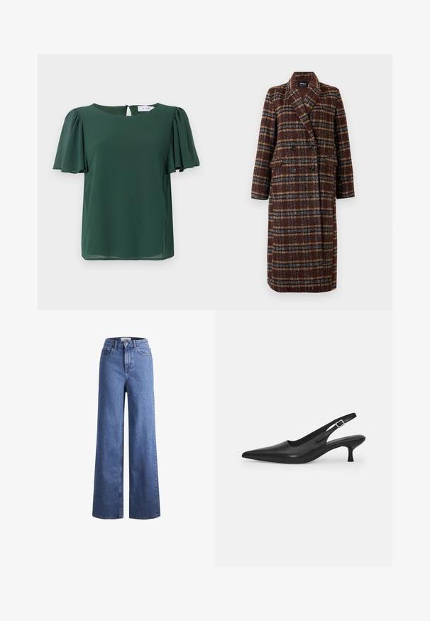 Pikk topeltkinnitatud pruuni ruudulise mustriga mantel, millel on krae, mustad nupud ja klapptaskud, esitatud valge tausta ees.; Roheline, lühikeste varrukatega pluus, millel on ümmargune kaelus ja võtmeaugu detail seljal. Valmistatud kergest, siledast kangast, millel on voogav disain.; Heled sinise denimist laiad jalad, kõrgema talje ja kahe eesmise taskuga, nähtavate õmblustega. Omab nuppu ja luku sulgemist.; Mustmustast musta nahast slingback king, millel on terav varvas ja kitsas, kumer konts. Omab diskreetset reguleeritavat rihma metallist pandlaga.