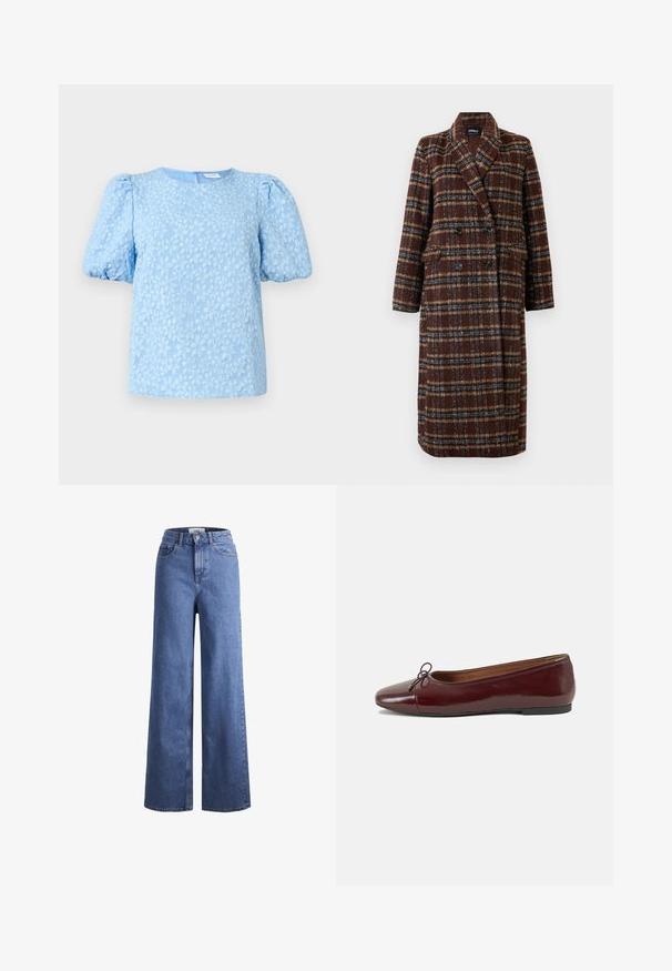 Ilgas dvigubas rudas langeliais paltas su apykakle, juodais mygtukais ir kišenėmis su atvartais, eksponuojamas ant balto fono.; Šviesiai mėlyna trumpomis rankovėmis bluzelė, puošta tekstūriniu gėlių siuvinėjimu, su apvalia iškirpte ir apimtimi didelėmis pūstomis rankovėmis. Uždarymas nugarinėje pusėje su užtrauktuku.; Šviesiai mėlynos džinsinės kelnės plačiu sijonu ir aukštu liemeniu, su dviem priekinių kišenių ir matomu siuvimu. Su mygtuko ir užtrauktuko uždarymu.; Bordo lakiotos odos baleto bateliai su apvalia nosimi, maža kaspinėlio akcentu priekyje ir žema juoda guma padanga. Lygi tekstūra.