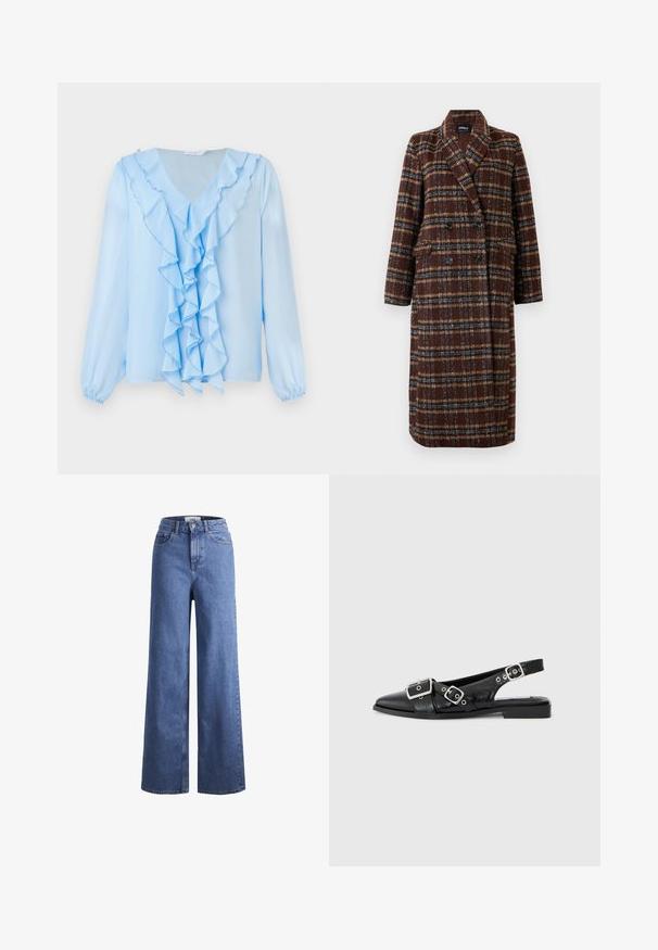 Dolg plašč z dvojnim zapenjanjem v rjavem karirastem vzorcu z rever ovratnikom, črnimi gumbi in žepi s poklopcem, prikazan na belem ozadju.; Svetlo modra bluzica z V-izrezom in volančastim sprednjim delom. Dolgi rokavi imajo elastične manšete, material pa deluje gladko in lahko.; Svijetloplave traper hlače širokih nogavica s visokim strukom, s dva prednja džepa i vidljivim šavovima. Ima kopčanje na gumb i zatvarač.; Črne usnjene slingback čevlje s koničastim nosom, dvema srebrnima zaponkama in nizkim blokastim peto. Imajo teksturirano zgornji del in odprto zadnjo stran.