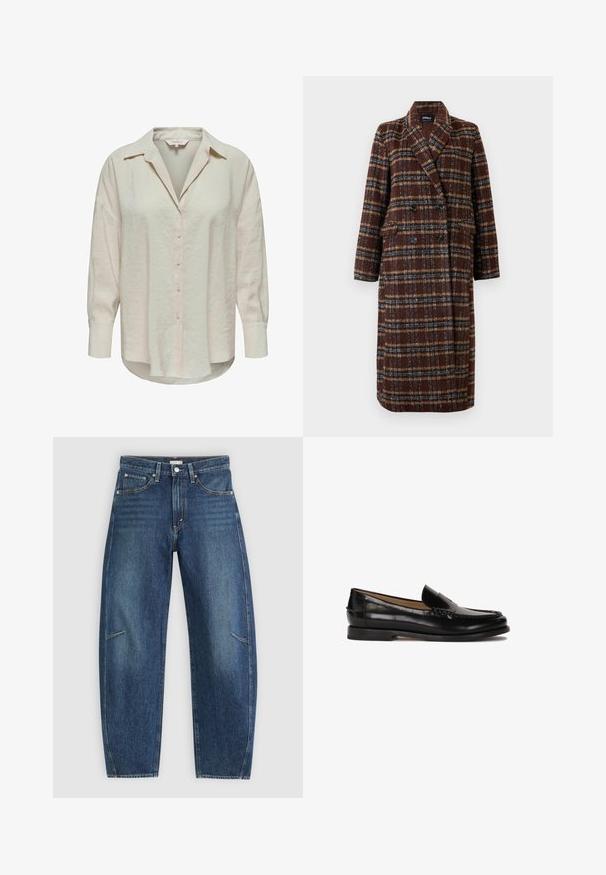 Ilgas dvigubas rudas langeliais paltas su apykakle, juodais mygtukais ir kišenėmis su atvartais, eksponuojamas ant balto fono.; Šviesiai smėlio spalvos marškiniai su apykakle, ilgomis rankovėmis ir šiek tiek tekstūruotu audiniu. Yra kreiptuvas ir priekiniai mygtukai.; Tamsiai mėlynos džinsinės kelnės su tiesiomis kojomis, turinčios priekinės kišenes, kontrastingą siuvimą ir subtilų pabandymą ant kojų.; Juodas odinis loafers stiliaus batelis su apvaliu nosimi, lengvai užsidedantis dizainas ir subtilūs siuvinėjimo detalės viršuje. Lygus guminis padas.