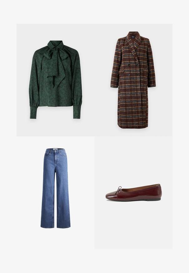 Cappotto lungo doppiopetto a quadri marrone con colletto a bavero, bottoni neri e tasche a soffietto, esposto su uno sfondo bianco.; Blusa verde in tessuto morbido con motivo floreale, colletto annodato e maniche arricciate con polsini aderenti.; Jeans ampia in denim azzurro chiaro con vita alta, due tasche anteriori e cuciture in vista. Presentano una chiusura con bottone e zip.; Ballerine in pelle verniciata bordeaux con punta arrotondata, piccolo fiocco decorativo sulla parte anteriore e suola bassa in gomma nera. Texture liscia.