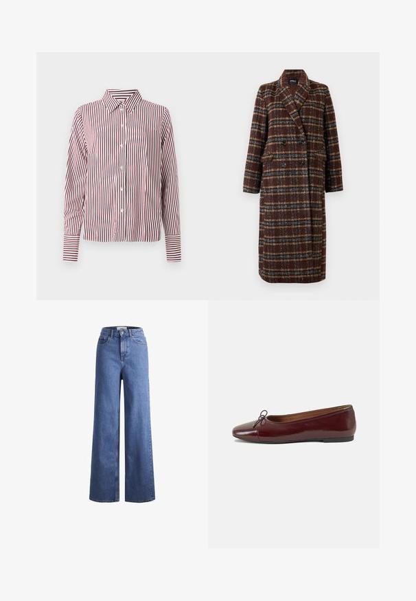 Casaco xadrez castanho de dupla face, com colarinho de lapela, botões pretos e bolsos de aba, exibido sobre um fundo branco.; Camisa de mangas longas listrada em vermelho e branco, com colarinho, botões à frente e punhos listrados em contraste. Tecido liso e trançado.; Jeans de ganga azul claro, de perna larga e cintura alta, com dois bolsos frontais e costuras visíveis. Apresenta um fecho de botão e zíper.; Bailarinas em couro sintético borgonha com bico redondo, pequeno laço na frente e sola baixa em borracha preta. Textura suave.