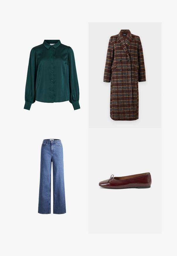 Long double-breasted brown plaid coat with lapel collar, black buttons, and flap pockets, displayed against a white background.; Dark green satin blouse with a collared neck, front buttons, and puffed long sleeves. Features a smooth texture and fitted silhouette.; Light blue denim wide-leg jeans with a high waist, two front pockets, and visible stitching. Features a button and zipper closure.; Burgundy patent leather ballet flat with a rounded toe, small bow accent at the front, and a low, black rubber sole. Smooth texture.