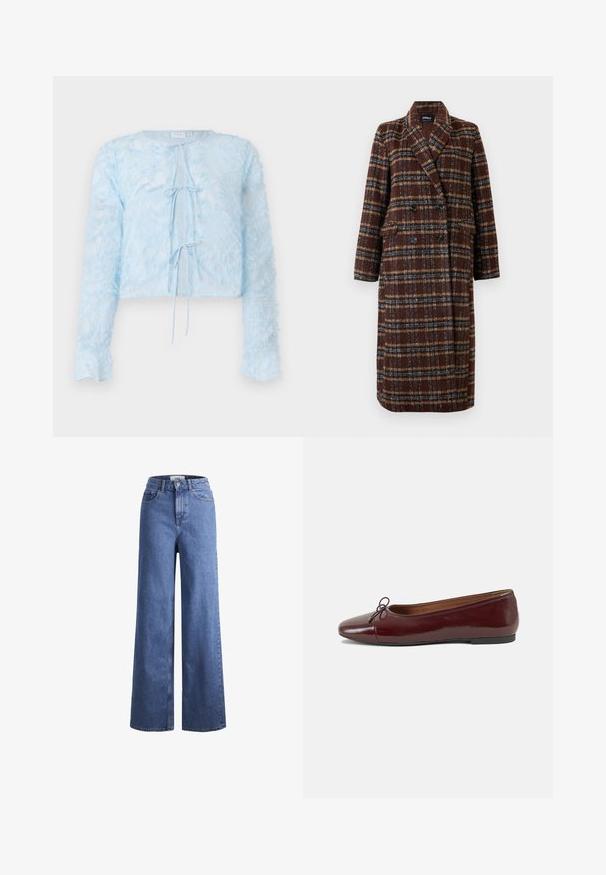 Hosszú, dupla soros barna kockás kabát, kapucnis gallérral, fekete gombokkal és hajtókás zsebekkel, fehér háttér előtt bemutatva.; Világoskék, rövidített blúz átlátszó anyagból, pehelyszerű, texturált felülettel. Hosszú ujjakkal és elöl megkötő zárással rendelkezik.; Világoskék, széles szárú farmernadrág magas derékkal, két elülső zsebbel és látható varrással. Gombos és cipzáros záródás.; Burgundi lakkbőr balettcipő kerek orral, elöl kis masni díszítéssel és alacsony, fekete gumi talppal. Simára csiszolt felület.