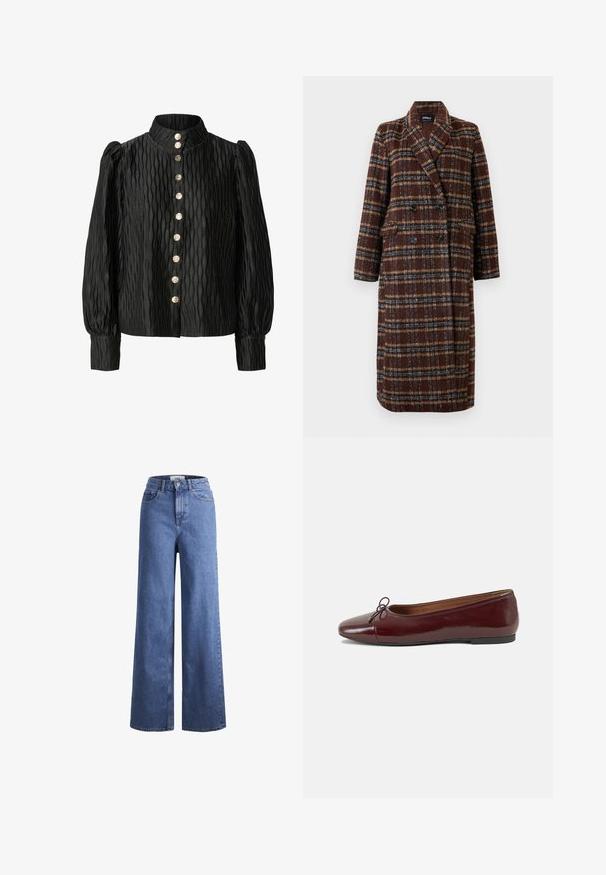 Manteau long en plaid marron à double boutonnage avec col à revers, boutons noirs et poches à rabat, présenté sur un fond blanc.; Blouse noire texturée avec un col haut, des manches ballons et un devant boutonné avec des boutons métalliques et un motif en vagues.; Jean large en denim bleu clair avec taille haute, deux poches avant et coutures visibles. Fermeture à bouton et à zip.; Ballerines en cuir verni bordeaux avec un bout rond, un petit nœud décoratif à l'avant et une semelle en caoutchouc noire basse. Texture lisse.