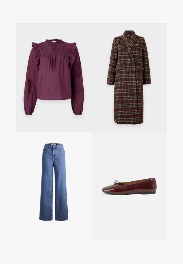 Długi brązowy płaszcz w kratę z podwójnym zapięciem, z klapami, czarnymi guzikami i kieszeniami z klapami, wyeksponowany na białym tle.; Ortodługa, śliwkowa bluzka z falbanami przy ramionach i dekoltem w kształcie litery V, z elastycznymi mankietami zapewniającymi luźny krój.; Jasnoniebieskie dżinsy o szerokich nogawkach i wysokim stanie, z dwoma przednimi kieszeniami i widocznym przeszyciem. Posiadają zamek błyskawiczny i zapięcie na guzik.; Bordowe baleriny z lakierowanej skóry z zaokrąglonym noskiem, małą kokardką z przodu oraz niską, czarną gumową podeszwą. Gładka tekstura.