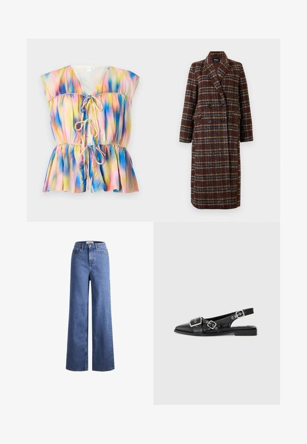 Dlhý hnedý károvaný kabát na dvojité zapínanie s klopovým golierom, čiernymi gombíkmi a vreckami s chlopňou, vystavený na bielom pozadí.; Farebná blúzka v peplum štýle s viazaním vpredu, krátkymi rukávmi a gradientným vzorom v odtieňoch ružovej, modrej a žltej.; Svetlomodré deninové nohavice s širokými nohavicami a vysokým pásom, dve predné vrecká a viditeľné švy. Obsahuje tiež uzatváranie na gombík a zips.; Čierna kožená slingback obuv s špicatou špičkou, dvoma striebornými prackami a nízkym blokovým podpätkom. Má textúrovaný zvršok a otvorenú pätu.