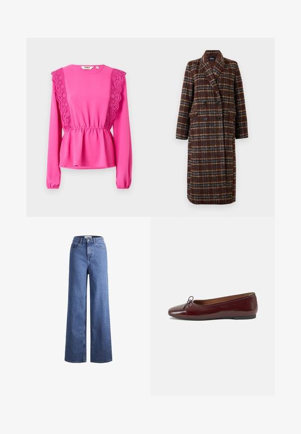 Palton lung, dublu-botonat, din material cu carouri maro, cu guler tip rever, nasturi negri și buzunare cu clapă, expus pe un fundal alb.; Bluză cu mâneci lungi de culoare fuchsia, cu detalii din dantelă pe umeri, talie adunată și țesătură texturată. Decolteu rotund cu manșete elastice.; Jeans din denim de culoare albastră deschisă, cu croială largă și talie înaltă, prevăzuți cu două buzunare frontale și cusături vizibile. Au închidere cu nasture și fermoar.; Balerini din piele patent burgund cu vârful rotund, accent de fundiță mică în față și talpă joasă din cauciuc negru. Textură netedă.