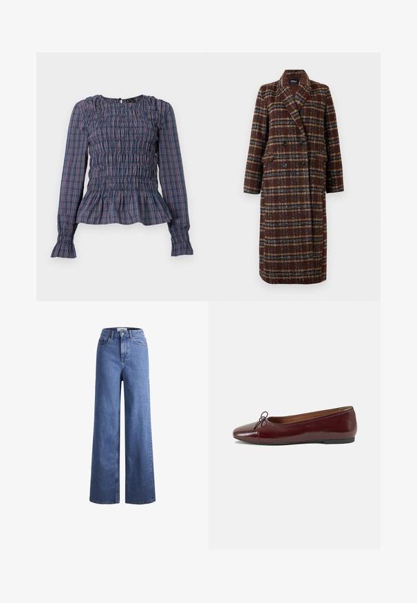 Dlhý hnedý károvaný kabát na dvojité zapínanie s klopovým golierom, čiernymi gombíkmi a vreckami s chlopňou, vystavený na bielom pozadí.; Dlhá blúzka s modro-červeným kockovaným vzorom, s riaseným telom a volánovými okrajmi a manžetami, zobrazená na bielom pozadí.; Svetlomodré deninové nohavice s širokými nohavicami a vysokým pásom, dve predné vrecká a viditeľné švy. Obsahuje tiež uzatváranie na gombík a zips.; Burgundské lakované balerínky s okrúhlou špičkou, malou mašľou na prednej strane a nízkou čiernou gumovou podrážkou. Hladký povrch.