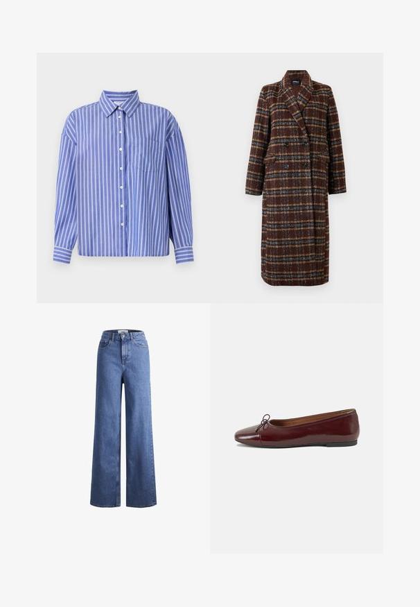 Long double-breasted brown plaid coat with lapel collar, black buttons, and flap pockets, displayed against a white background.; Blue and white striped button-up shirt with a collar, long sleeves, and a chest pocket. Soft fabric with a relaxed fit, straight hem.; Light blue denim wide-leg jeans with a high waist, two front pockets, and visible stitching. Features a button and zipper closure.; Burgundy patent leather ballet flat with a rounded toe, small bow accent at the front, and a low, black rubber sole. Smooth texture.