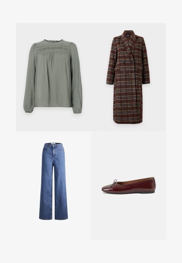 Long double-breasted brown plaid coat with lapel collar, black buttons, and flap pockets, displayed against a white background.; Light green long-sleeve blouse made of smooth fabric. Features gathered details at the shoulders and a textured panel across the chest.; Light blue denim wide-leg jeans with a high waist, two front pockets, and visible stitching. Features a button and zipper closure.; Burgundy patent leather ballet flat with a rounded toe, small bow accent at the front, and a low, black rubber sole. Smooth texture.