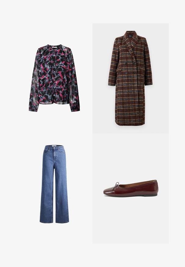 Długi brązowy płaszcz w kratę z podwójnym zapięciem, z klapami, czarnymi guzikami i kieszeniami z klapami, wyeksponowany na białym tle.; Czarna bluzka w kwiatowy wzór w odcieniach różu, niebieskiego i białego. Posiada długie rękawy, zapięcie na guziki z przodu oraz zw gathered w talii, co zapewnia luźny fason.; Jasnoniebieskie dżinsy o szerokich nogawkach i wysokim stanie, z dwoma przednimi kieszeniami i widocznym przeszyciem. Posiadają zamek błyskawiczny i zapięcie na guzik.; Bordowe baleriny z lakierowanej skóry z zaokrąglonym noskiem, małą kokardką z przodu oraz niską, czarną gumową podeszwą. Gładka tekstura.