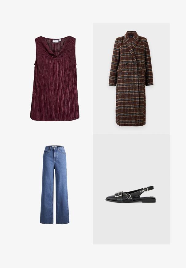 Gara divrindas brūna raibā mētelis ar atloku apkakli, melniem pogām un kabatām ar vāciņu, izstādīta pret baltu fona.; Bordo bez piedurkņu tops ar drapētu kakla izgriezumu, ar vertikālām pūkām un teksturētu virsmu. Izgatavots no spīdīgas, vieglas auduma.; Gai zili džinsi ar platu kāju un augstu jostu, divas priekšējās kabatas un redzamu šuvju. Iekļauj pogas un rāvējslēdzēja aizdari.; Melna ādas pārmests kurpes ar norādītu purngalu, diviem sudrabotiem sprādzēm un zemu bloku papēdi. Iekļauj teksturētu augšdaļu un atvērtu aizmuguri.