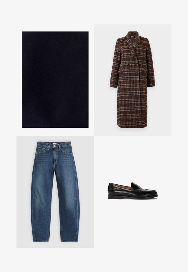 Dlhý hnedý károvaný kabát na dvojité zapínanie s klopovým golierom, čiernymi gombíkmi a vreckami s chlopňou, vystavený na bielom pozadí.; TUSSAH CAITLIN BLOUSE - Blúzka - black; Tmavomodré riflové nohavice so strihom rovného nohu, ktoré majú predné vrecká, kontrastné šitie a jemnú vyblednutú textúru na nohách.; Čierne kožené loafery s okrúhlou špičkou, bez zapínania, a jemnými švovými detailmi pozdĺž hornej časti. Plátená gumená podrážka.