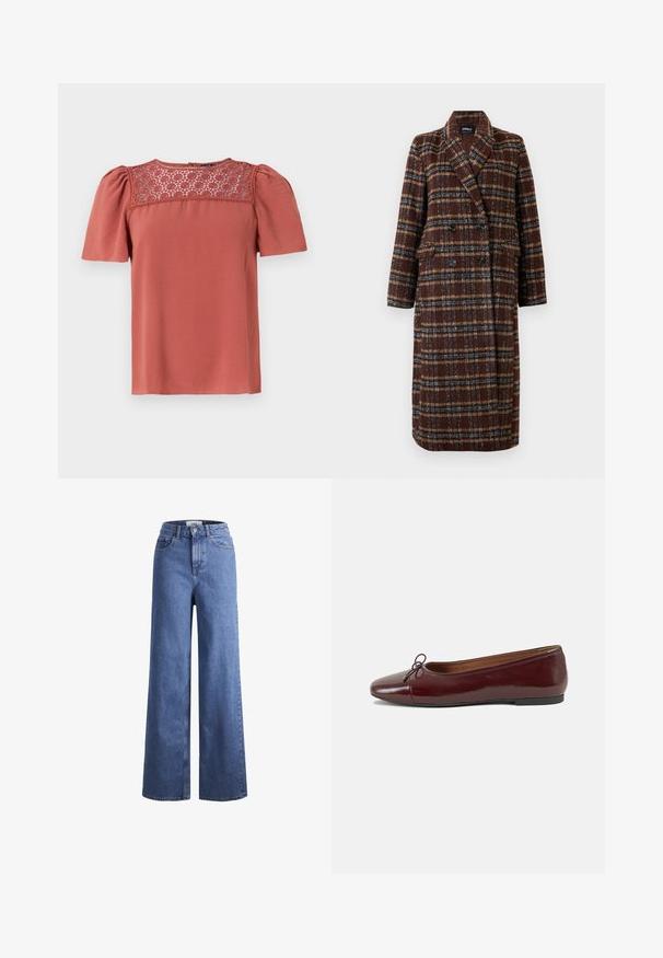 Ilgas dvigubas rudas langeliais paltas su apykakle, juodais mygtukais ir kišenėmis su atvartais, eksponuojamas ant balto fono.; Rudą spalvą turinti palaidinė su trumpomis pūstomis rankovėmis ir nėriniu apdailinta apykaklė. Lygus audinys, laisvas kirpimas ir tiesi apatinė briauna.; Šviesiai mėlynos džinsinės kelnės plačiu sijonu ir aukštu liemeniu, su dviem priekinių kišenių ir matomu siuvimu. Su mygtuko ir užtrauktuko uždarymu.; Bordo lakiotos odos baleto bateliai su apvalia nosimi, maža kaspinėlio akcentu priekyje ir žema juoda guma padanga. Lygi tekstūra.